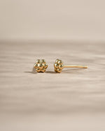 Gold tiny flower stud earrings from Sami Jewels featuring delicate petal design, shown from an angled view.