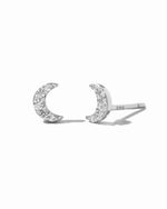 Sterling silver tiny moon stud earrings with a minimalist design, displayed on a white background.