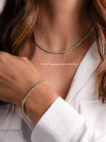 Turquoise bezel tennis bracelet and round turquoise tennis necklace with gold accents from Sami Jewels.