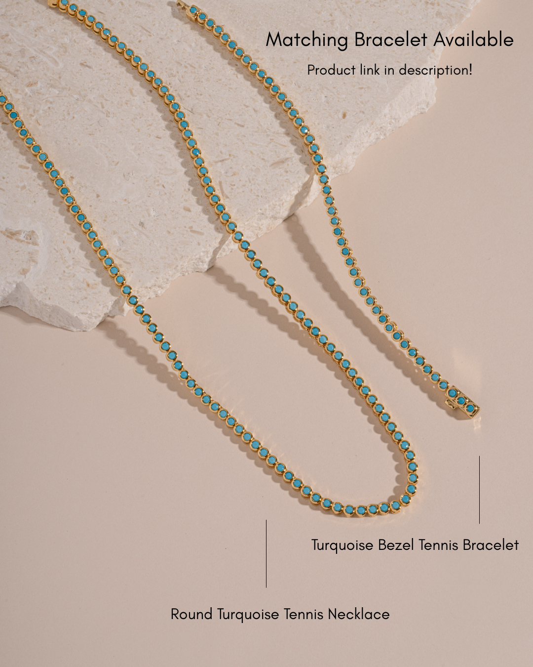 Round turquoise bezel tennis necklace by Sami Jewels displayed with matching bracelet on infographic.