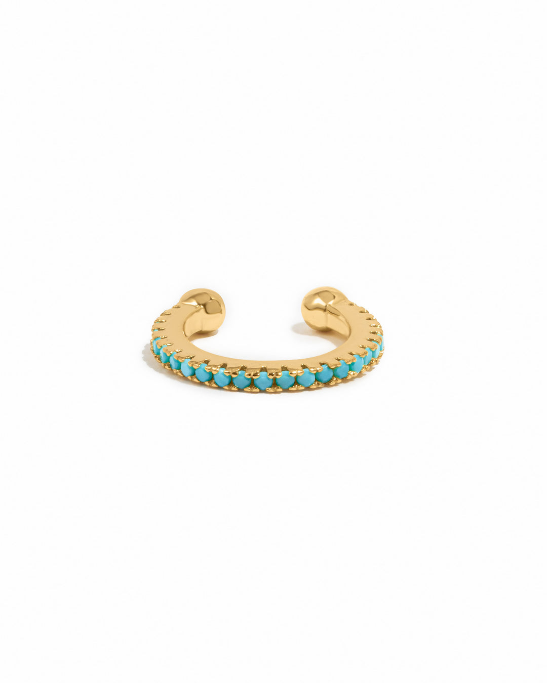 Turquoise gold ear cuff earrings by Sami Jewels displayed on a white background.