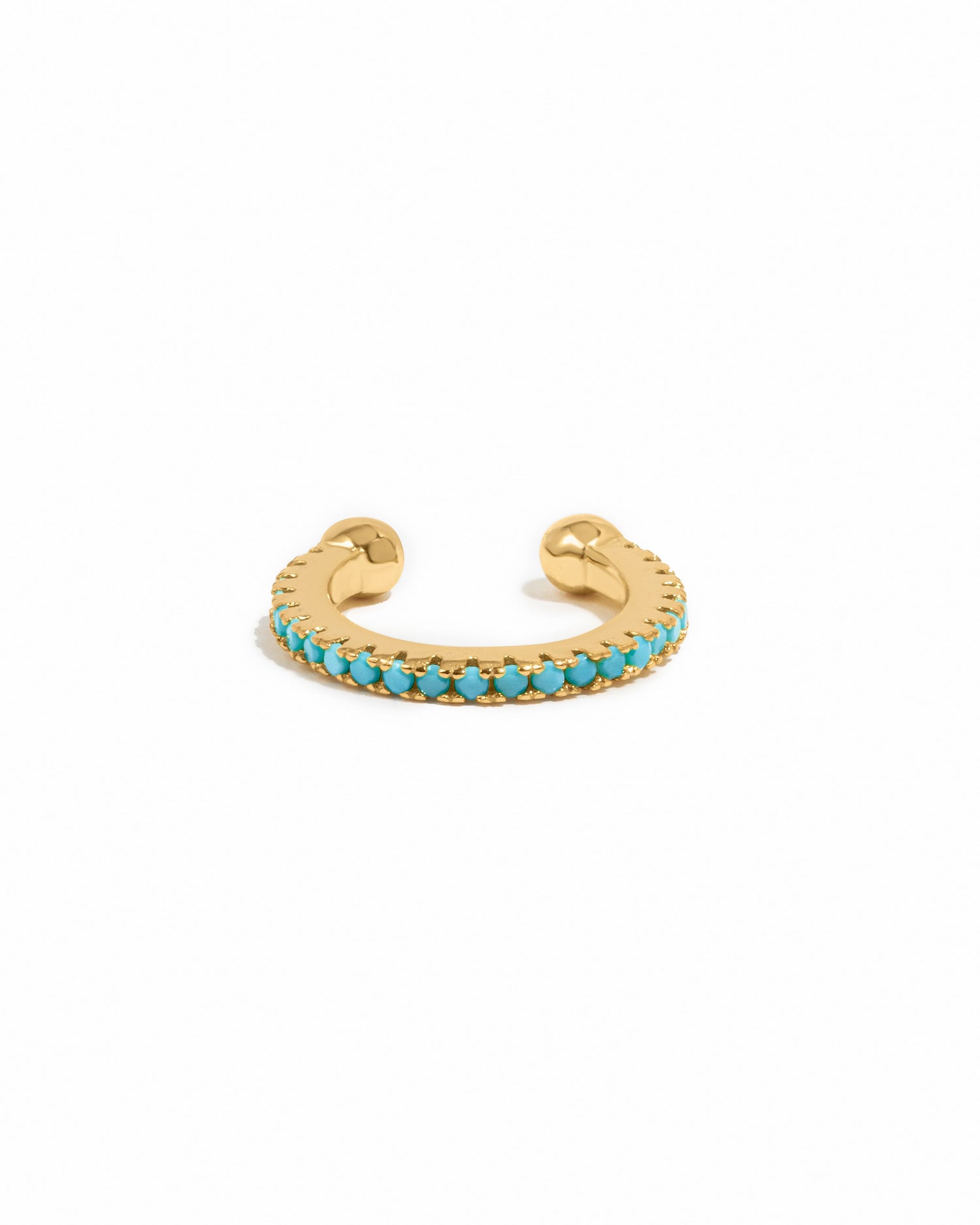 Gold and turquoise ear cuff earrings by Sami Jewels, showcasing a stylish, modern design on a white background.