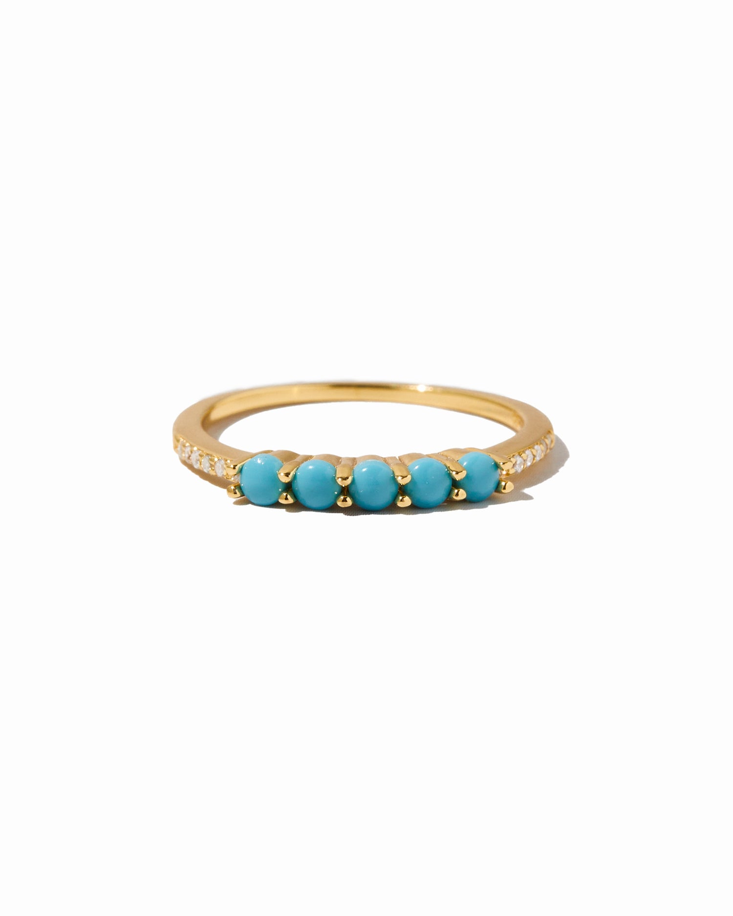Sami Jewels 5-stone turquoise ring with gold band, featuring vibrant turquoise stones on a white background.