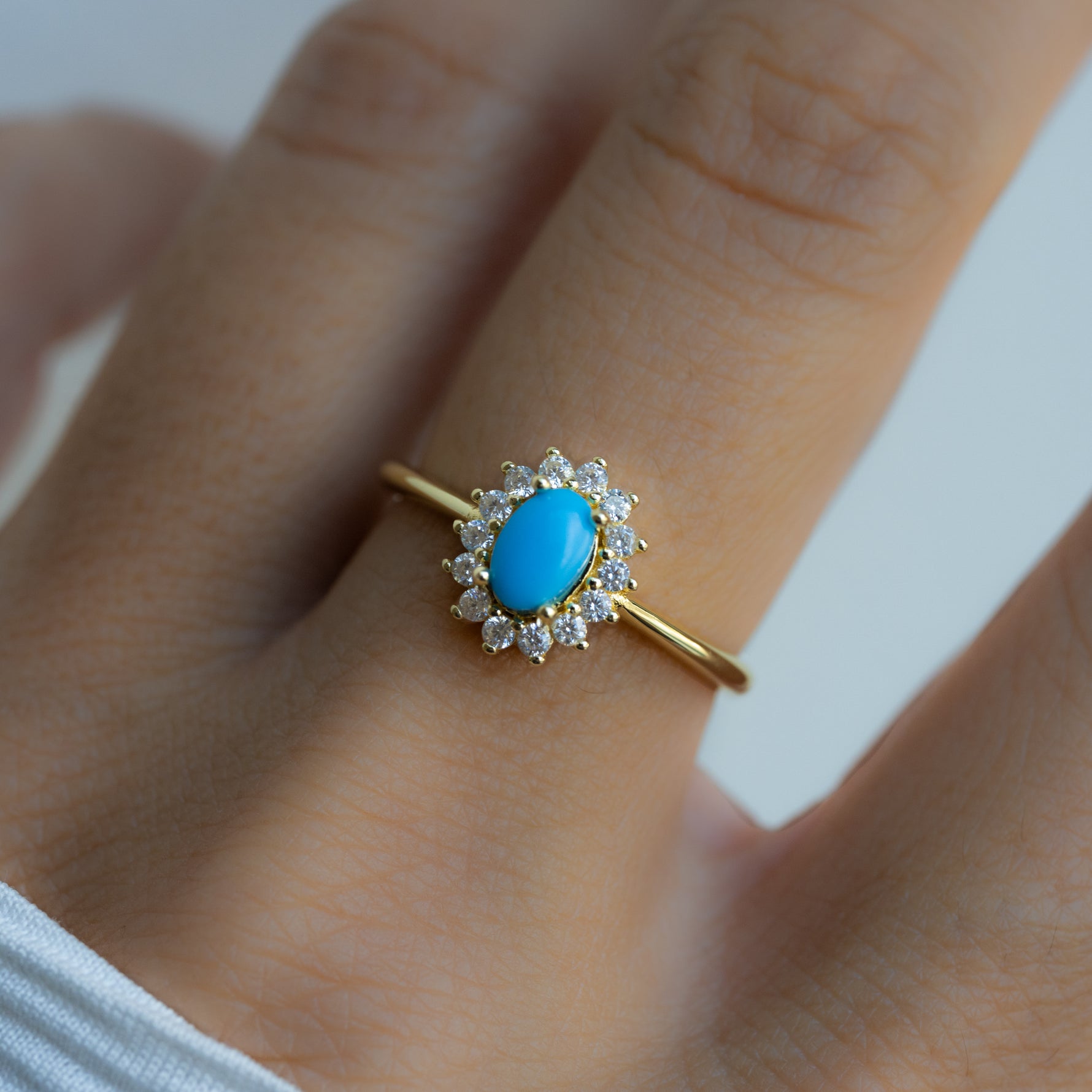 model wearing statement gold turquoise ring