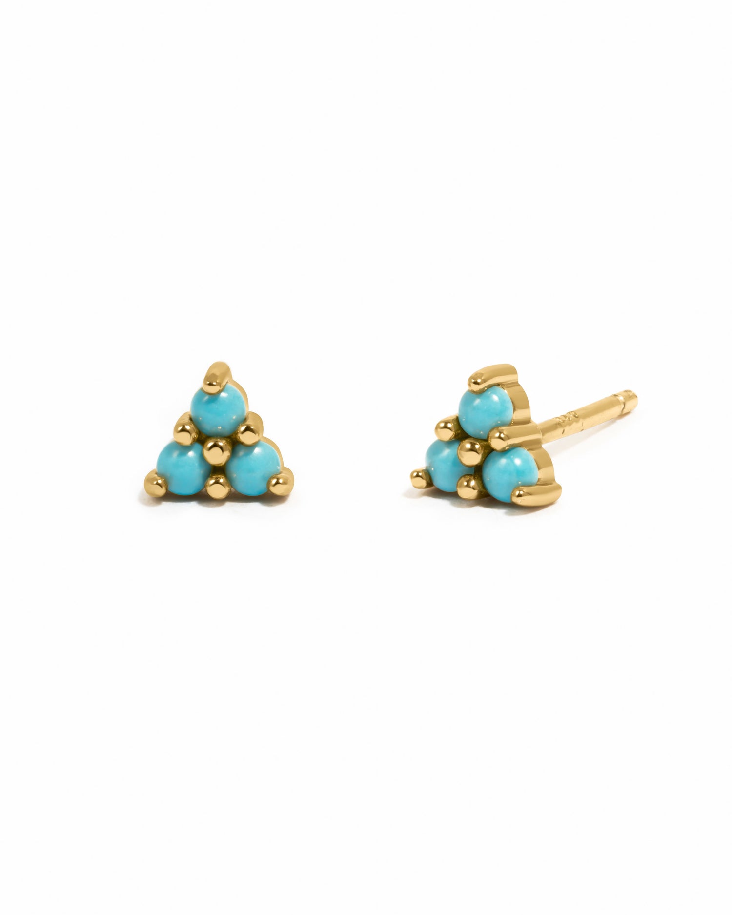 Gold and turquoise three-stone stud earrings by Sami Jewels displayed on a white background.