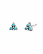 Turquoise three-stone stud earrings by Sami Jewels featuring sterling silver setting on a white background.