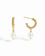 Gold spiral pearl drop earrings by Sami Jewels featuring twisted hoop design and elegant pearl charms.