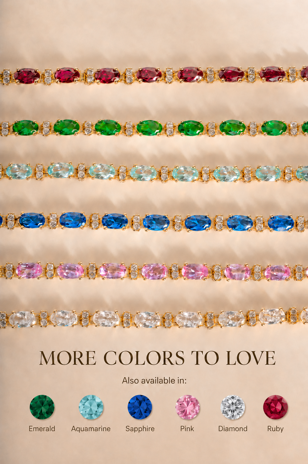 Assortment of multicolored gemstone tennis bracelets featuring emerald, aquamarine, sapphire, pink, diamond, and ruby stones.