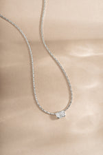 White CZ baguette bezel statement necklace by Sami Jewels featuring sterling silver chain and elegant design.