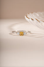 Yellow citrine cushion ring by Sami Jewels featuring sterling silver band and vibrant gemstone setting.