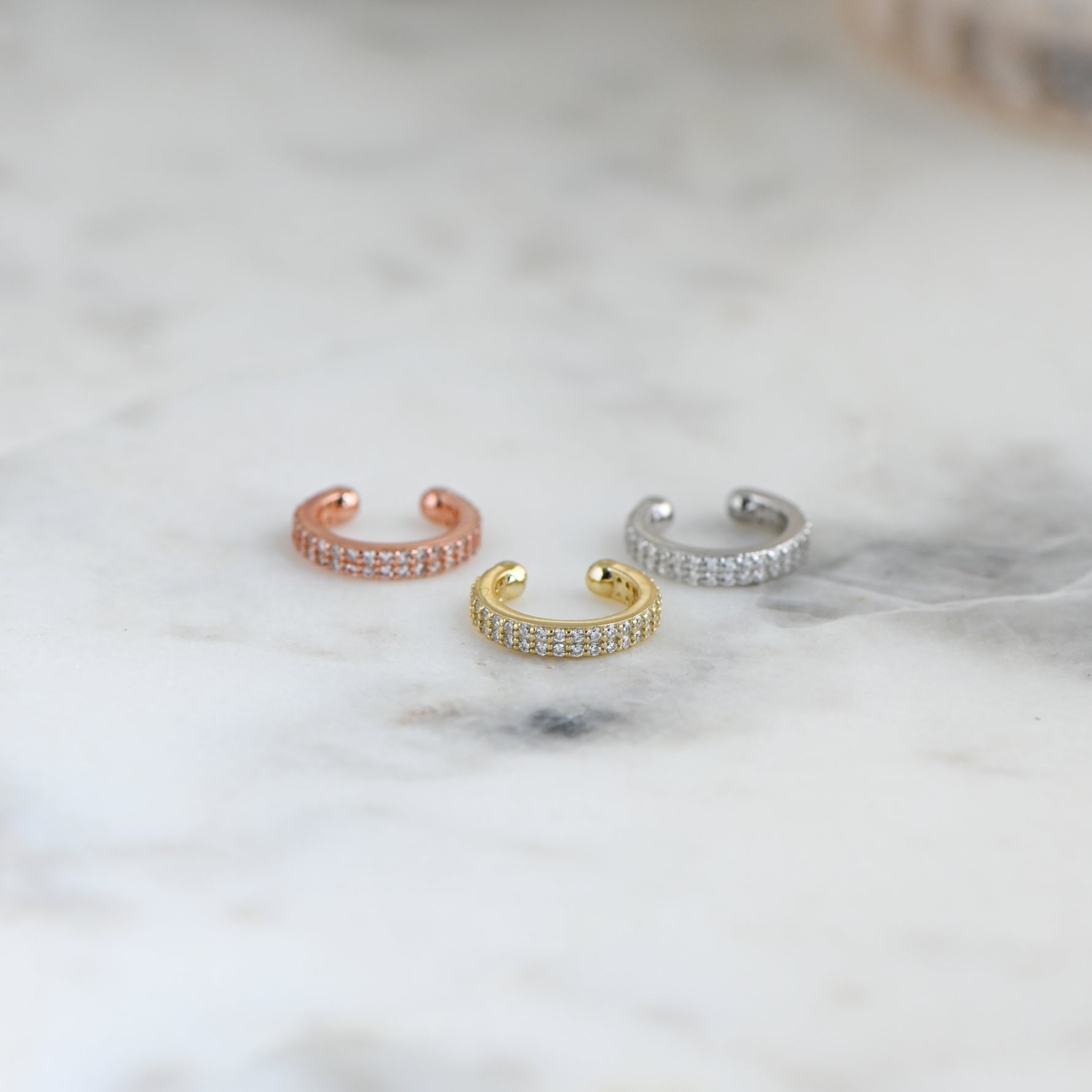 image of rose gold ear cuff, gold ear cuff, and silver ear cuff