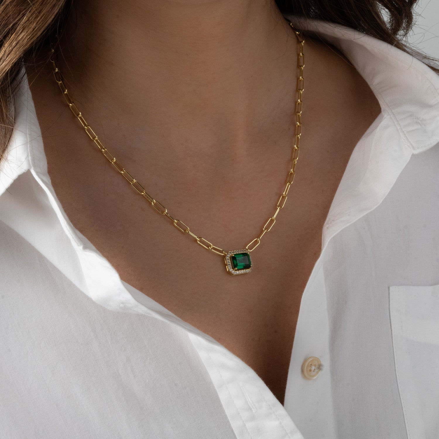 Paperclip Emerald Pendant Necklace