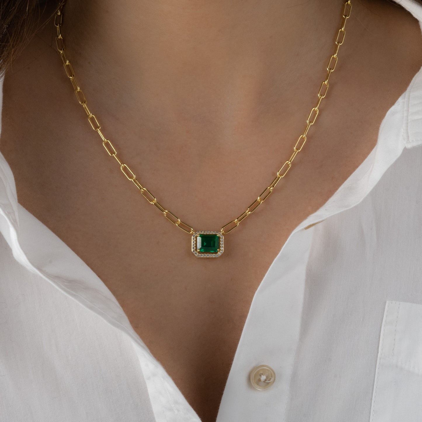 Paperclip Emerald Pendant Necklace