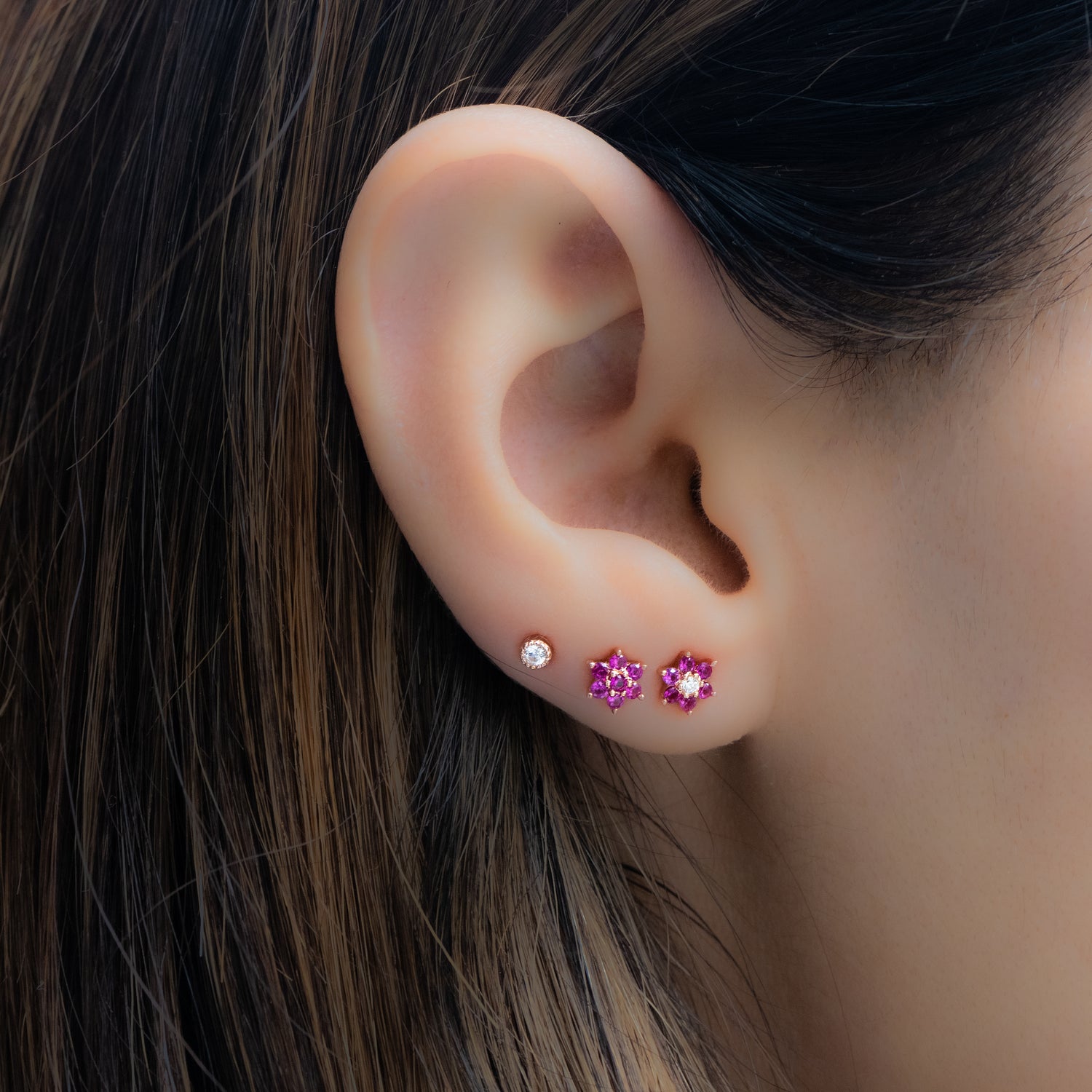 Ruby Flower Stud W/ CZ Center