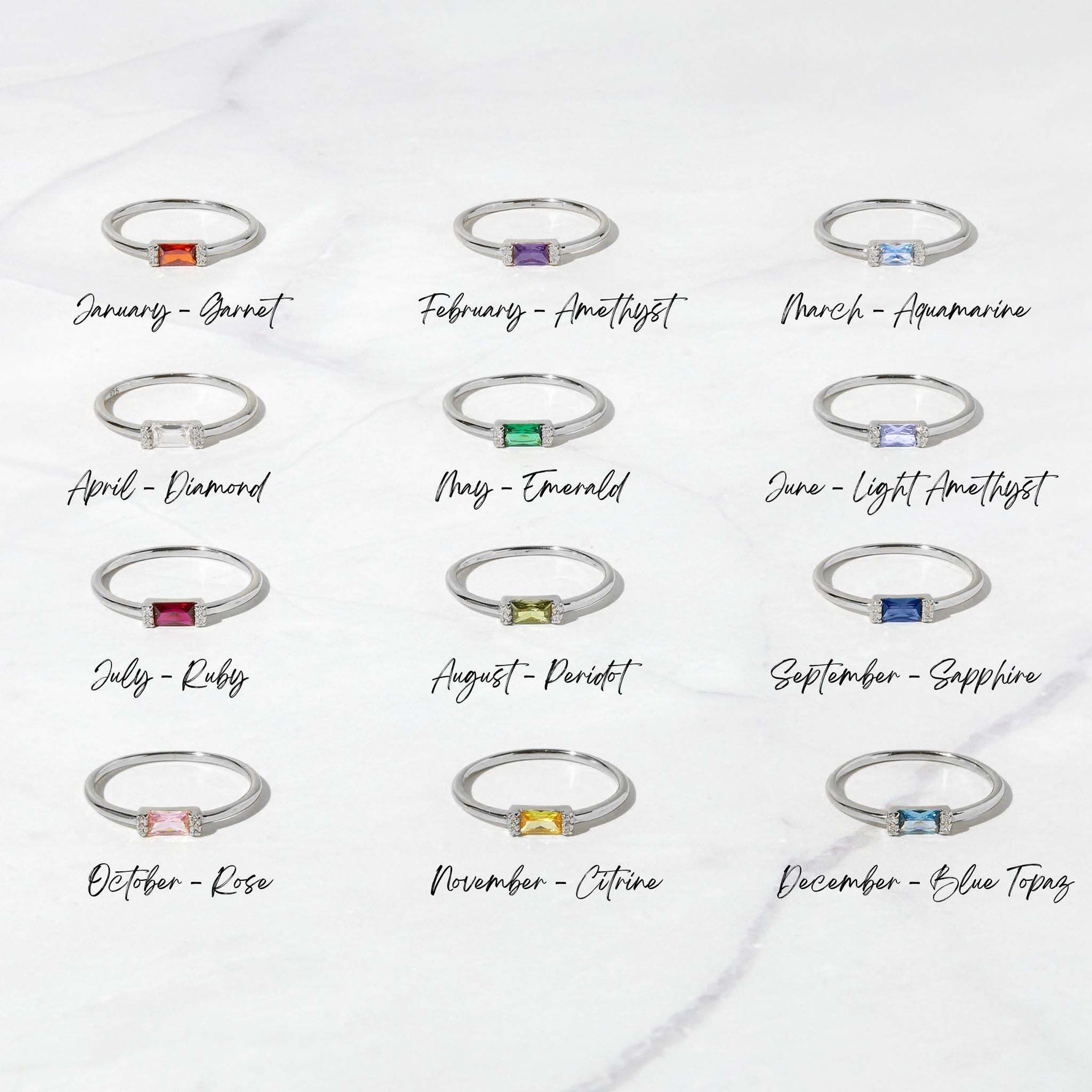 Sterling silver birthstone rings come in all month's birthstone colors. 