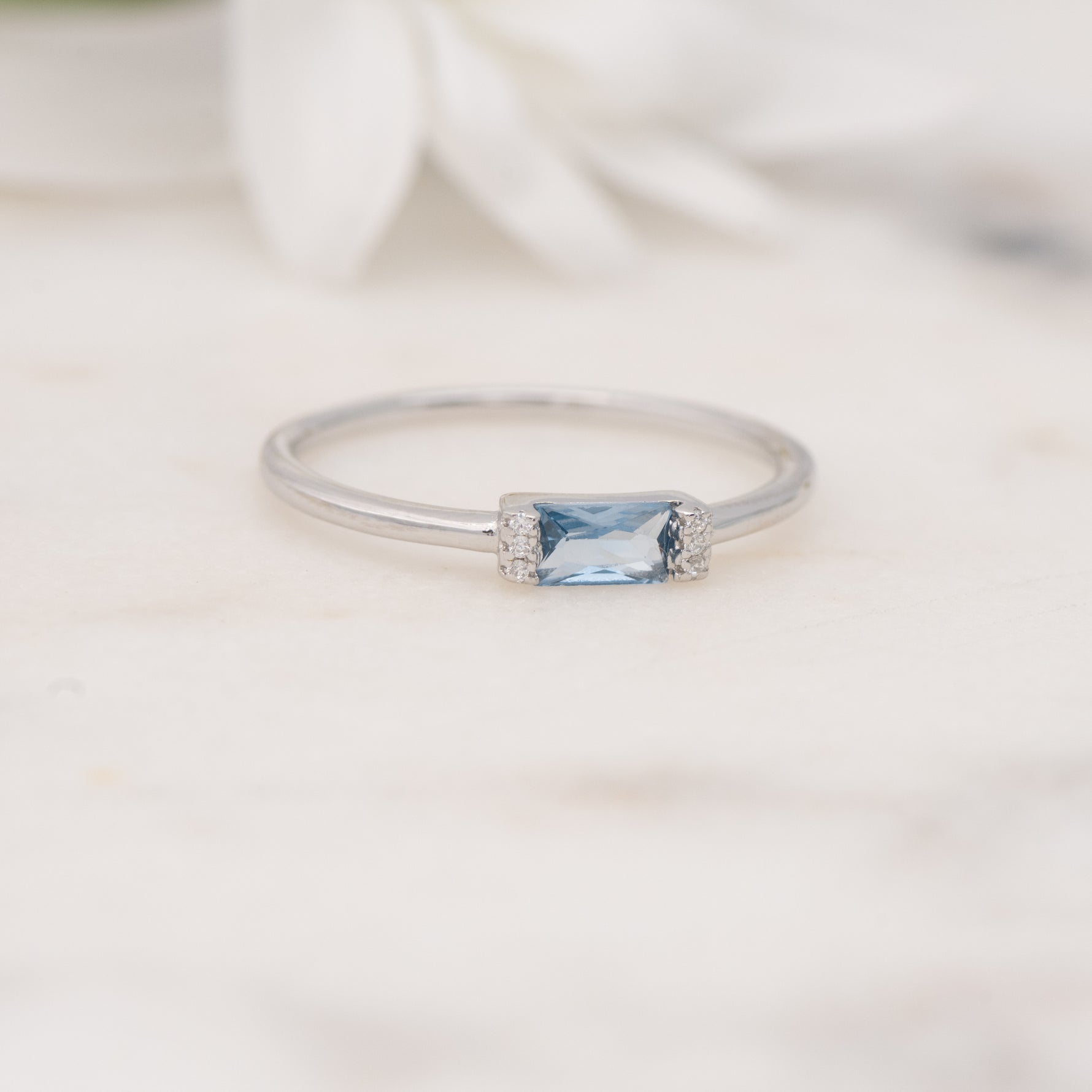 Aquamarine silver delicate stacking ring. 