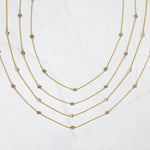 Birthstone ball beaded necklaces in emerald, ruby, and diamond. 