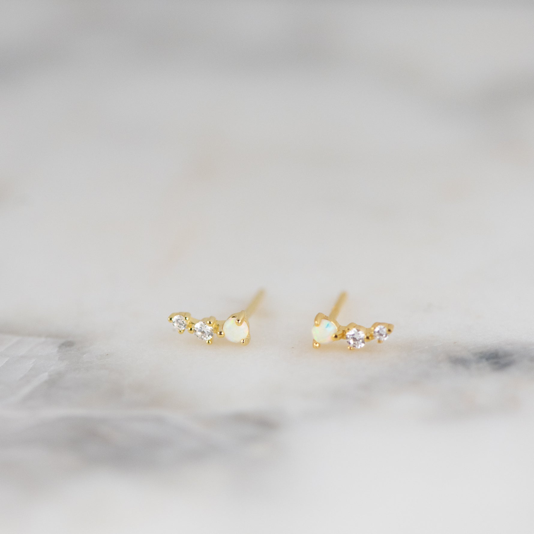 Opal birthstone gold ear climber studs