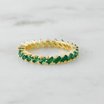 Upclose shot on emerald baguette eternity band. 