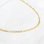 Dainty gold paperclip chain necklace on a white background