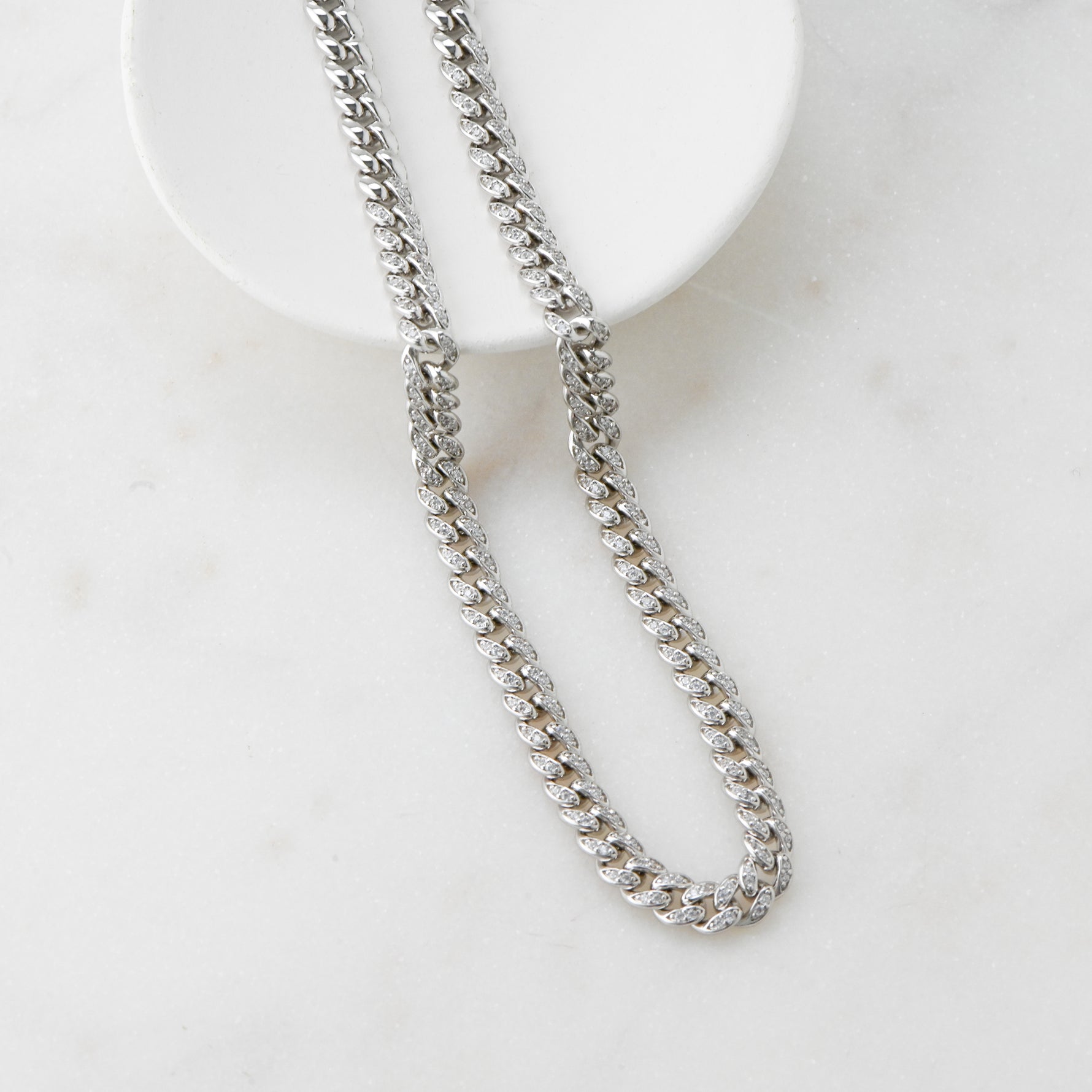Silver curb chain link with cz stones. 