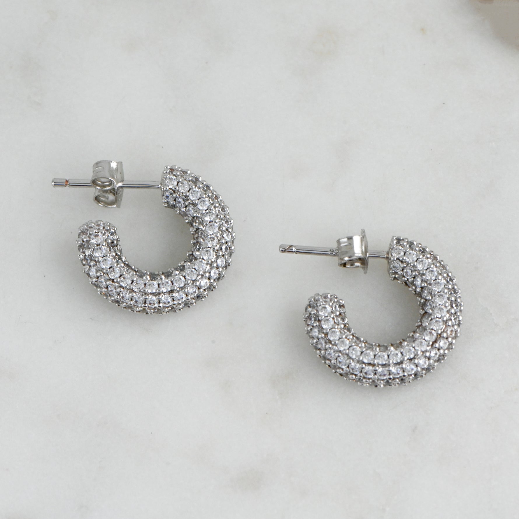 Sterling silver pave tube hoops
