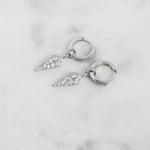 Dainty 925 silver pavé charm earrings with removable dagger spike charm.