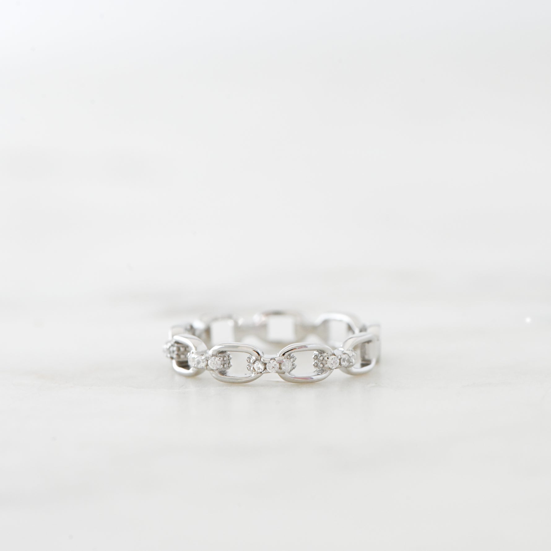 Upclose shot of silver link chain ring.