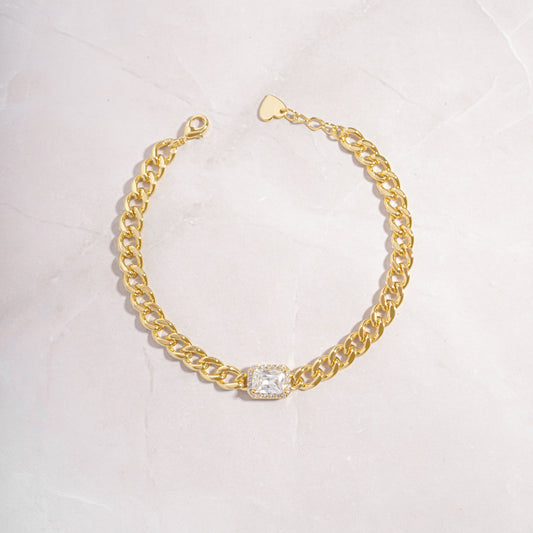 gold cuban chain bracelet with halo baguette charm