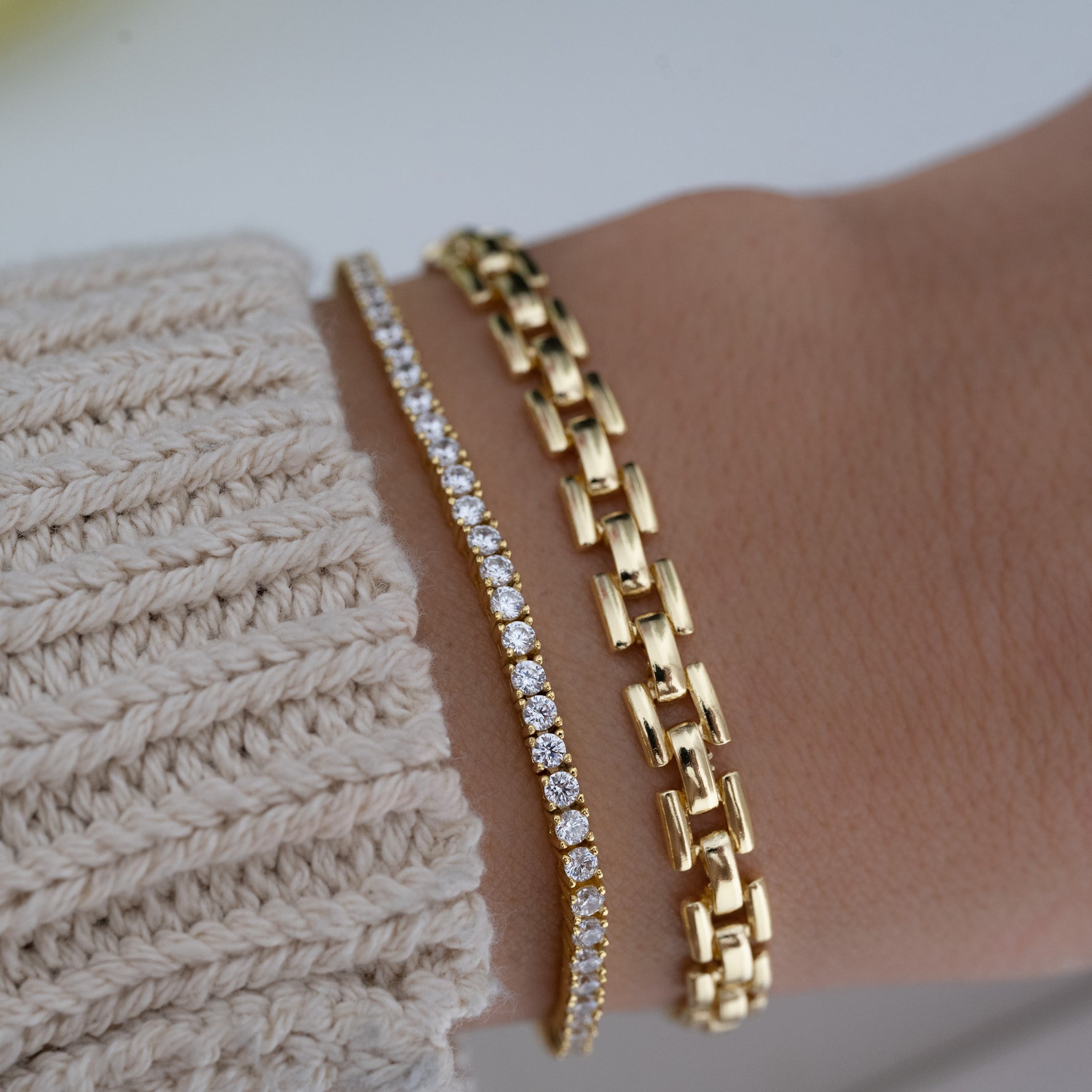 stackable tennis bracelet and gold chain bracelets