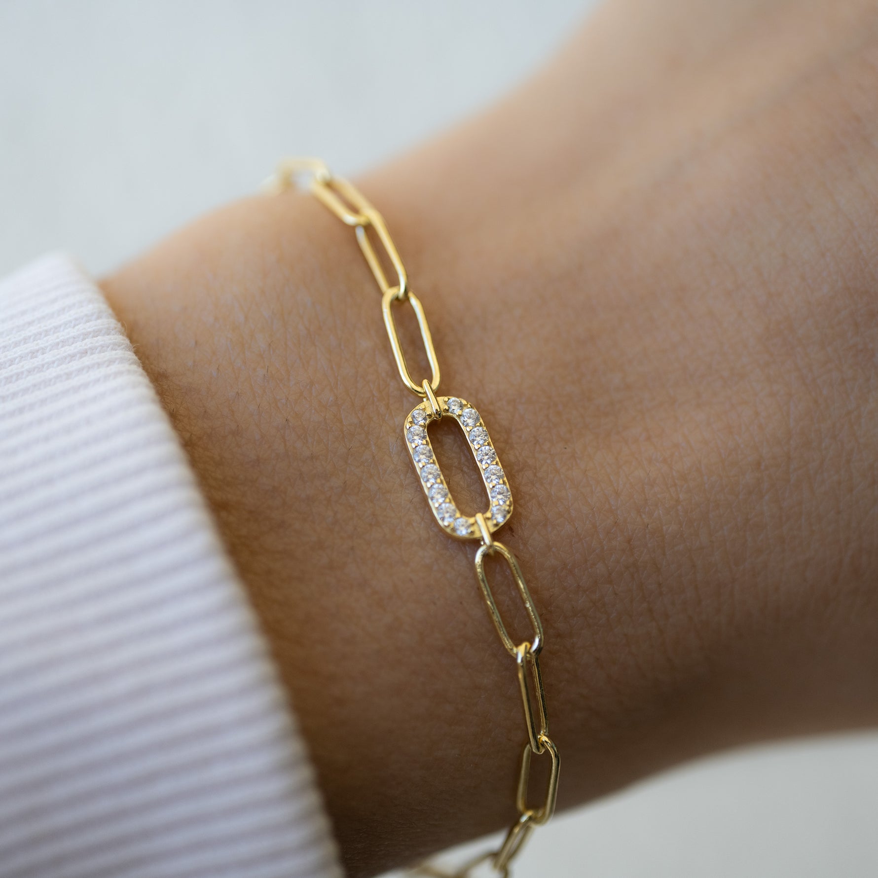 gold paperclip bracelet with paperclip diamond charm