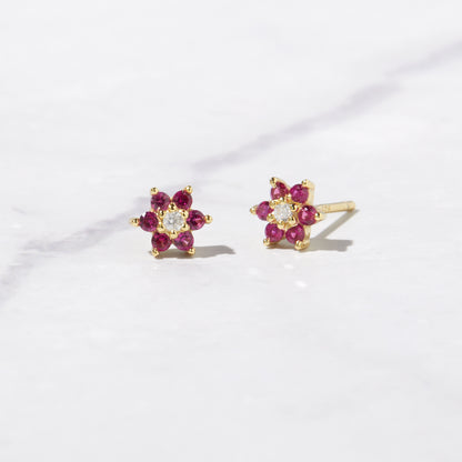 Ruby Flower Stud W/ CZ Center