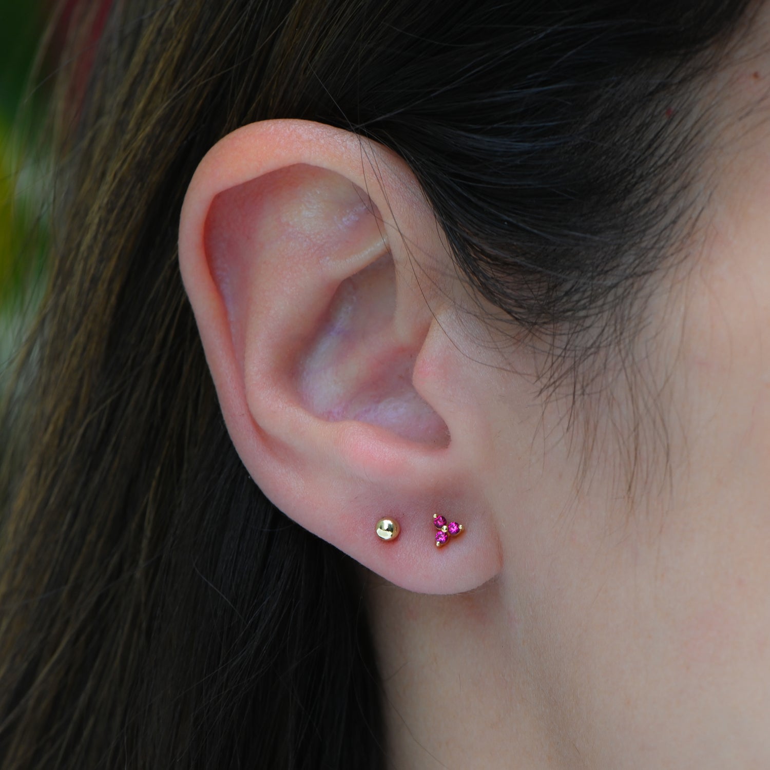 Tiny Ruby 3 Stone Studs