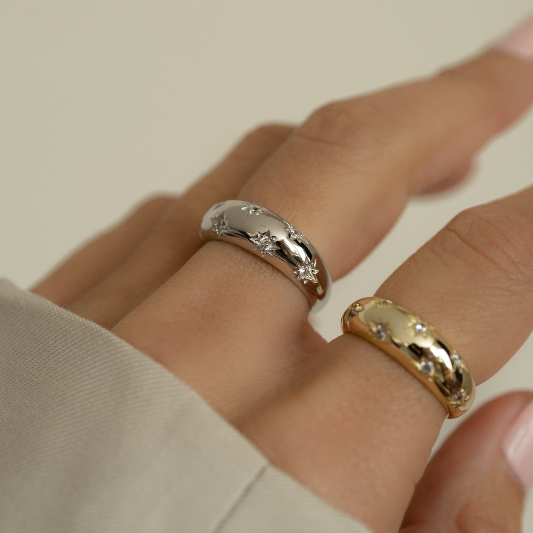 Star studded dome ring available in 14k gold plated sterling silver and classic sterling silver