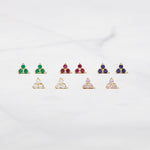 Image of 3 stone cz stud earrings in emerald, ruby, sapphire, white diamond, and pink